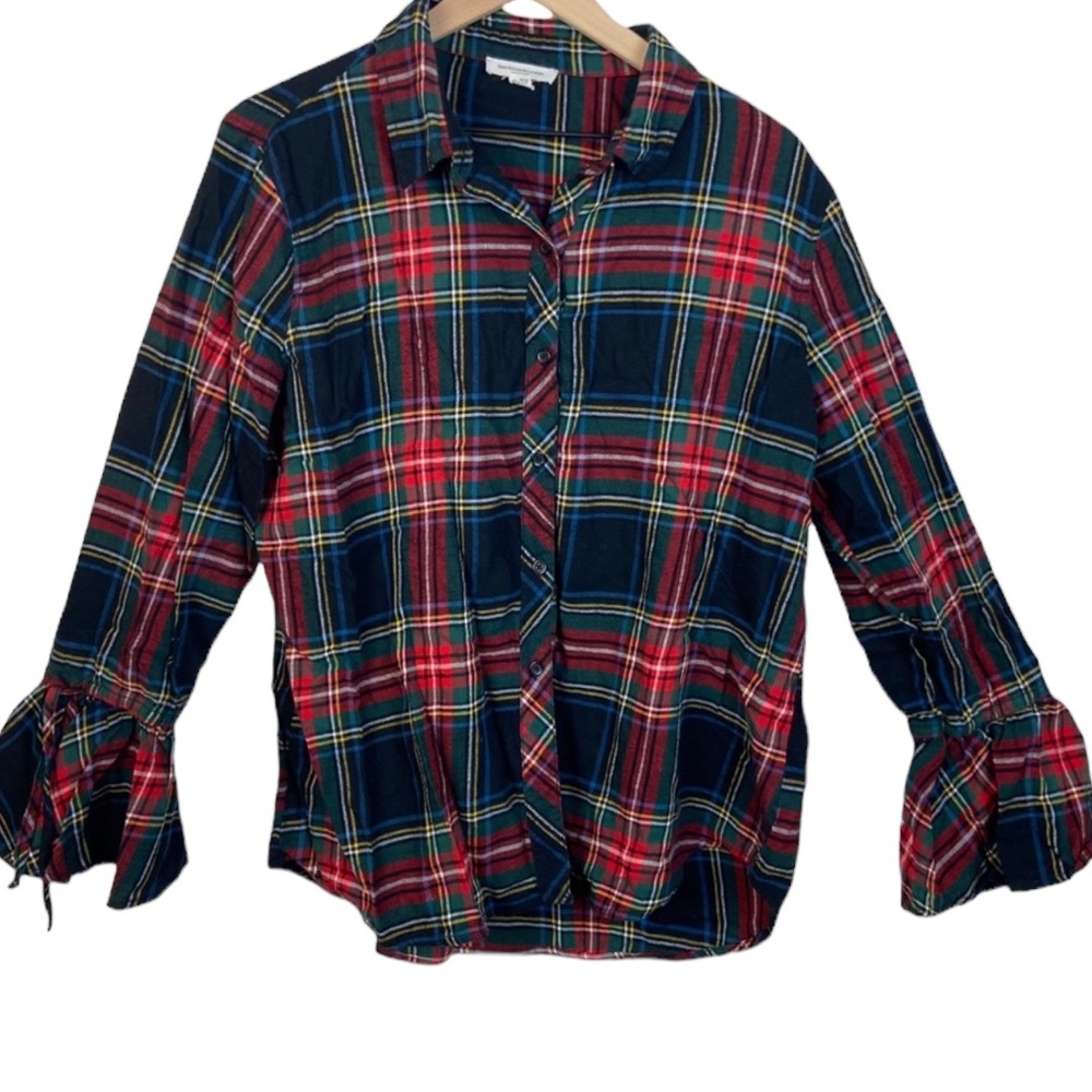 Beach lunch lounge Bell Sleeve Plaid Button Down Top